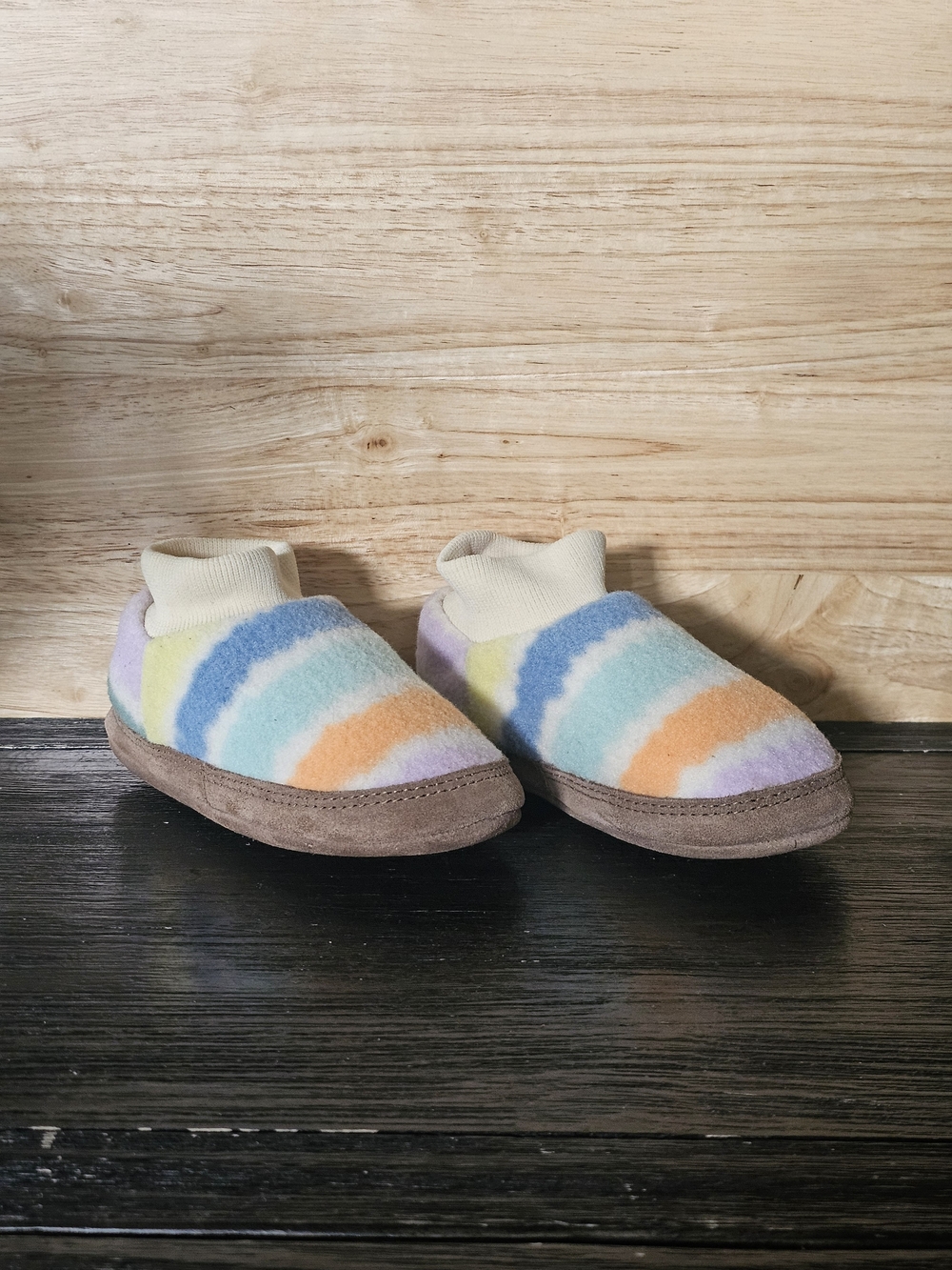L.L. Bean Kids Slip-On Slippers in Pastel Rainbow (Blue, Green, Orange, Purple)